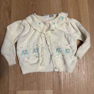 Vintage Half Moon Girls Cream Floral Embroidered Knit Cardigan Sweater 24M White
